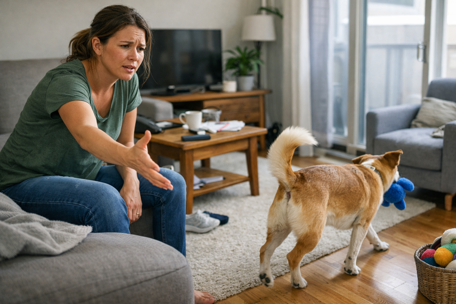 Chien dans un salon, propriétaire semblant dépassée par la situation.
