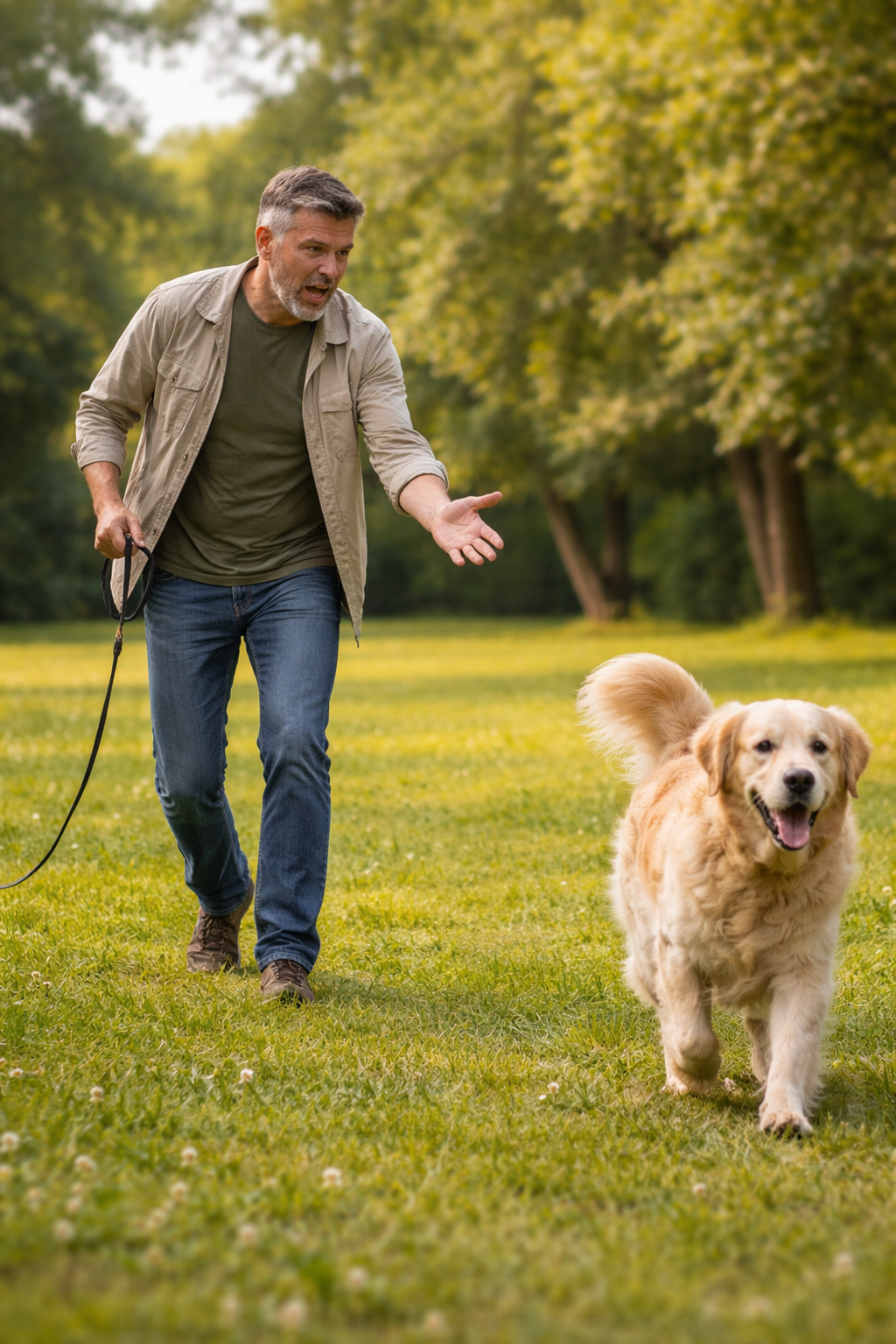 Chien courant dans un parc, rappel difficile malgré l'appel du maître.