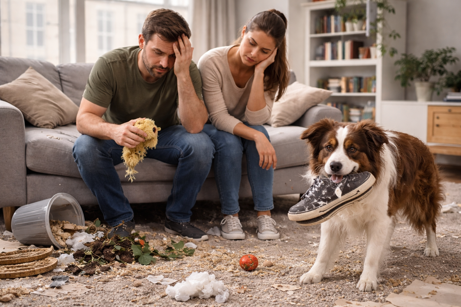 Couple fatigué dans un salon, chien tenant une chaussure.