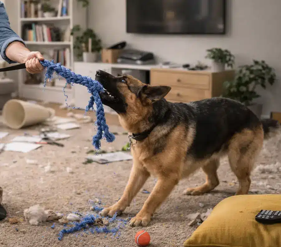 Chien très excité tirant sur une corde, désordre au sol.